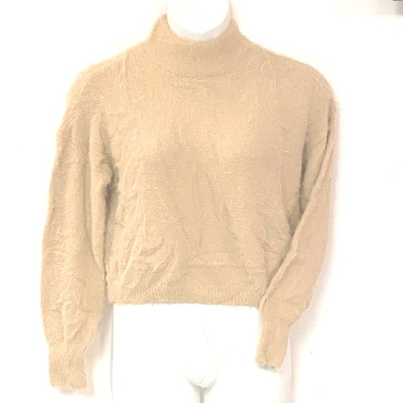 Sun + Moon Fuzzy Sweater Light Camel Brown Mock Neck Long Sleeves Casual Top - Picture 3 of 8